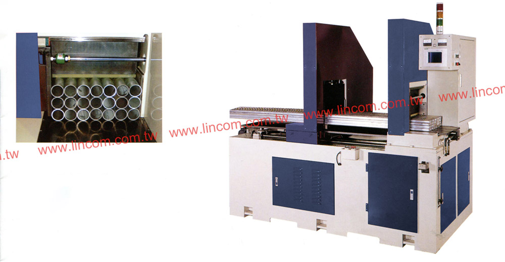 Circular sawing machine for fence post making. Suitable for irregular shapes cutting. Object feeding is servo motor control.