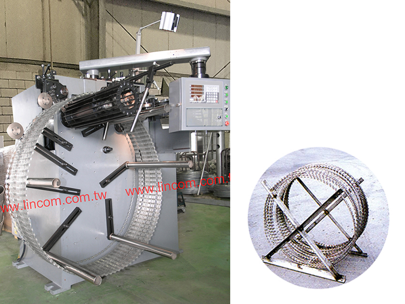 Concertina razor wire. Stainless steel wire 2.5/G.I. wire 0.8/Dia.450,750,960,1250/Production speed 70M/min