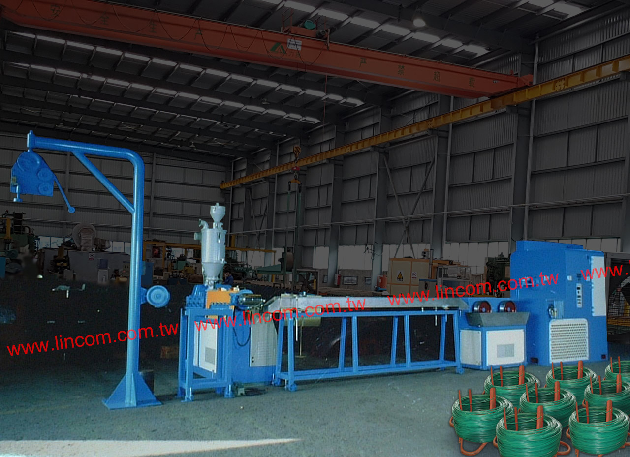 Steel wire pvc coating line. Inlet wire material is low carbon steel, coating plastic material is LDPE, PVC.