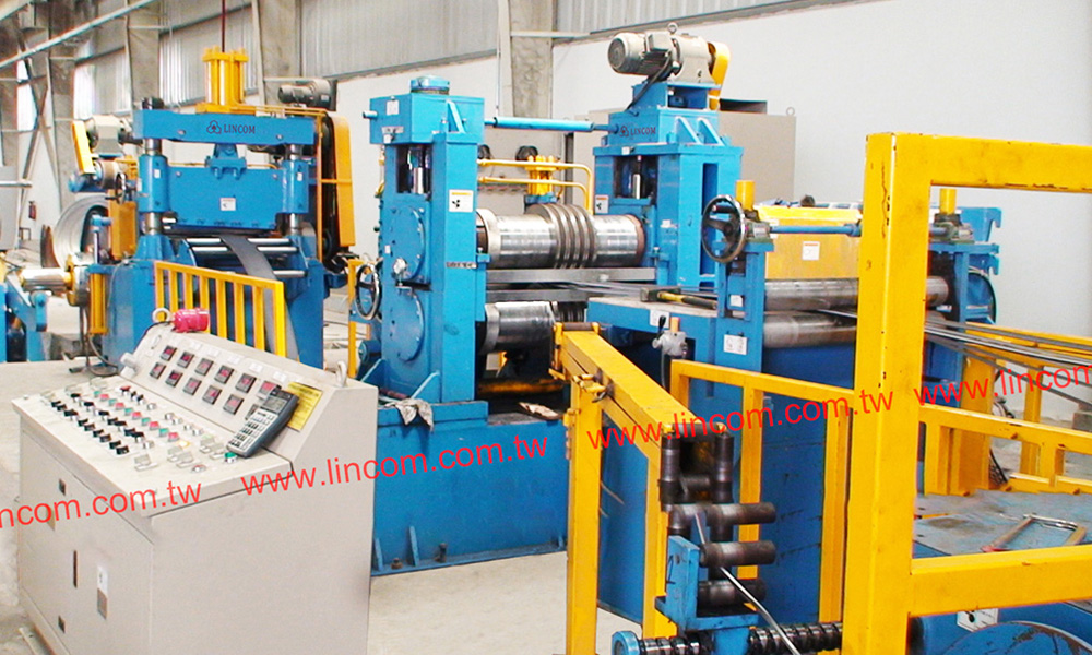 Coil slitting machine for flat bar, hot rolled & cold rolled steel material. Max. loading 10 tons/Thckn. 0.6-6.0/Wdth. 50-650