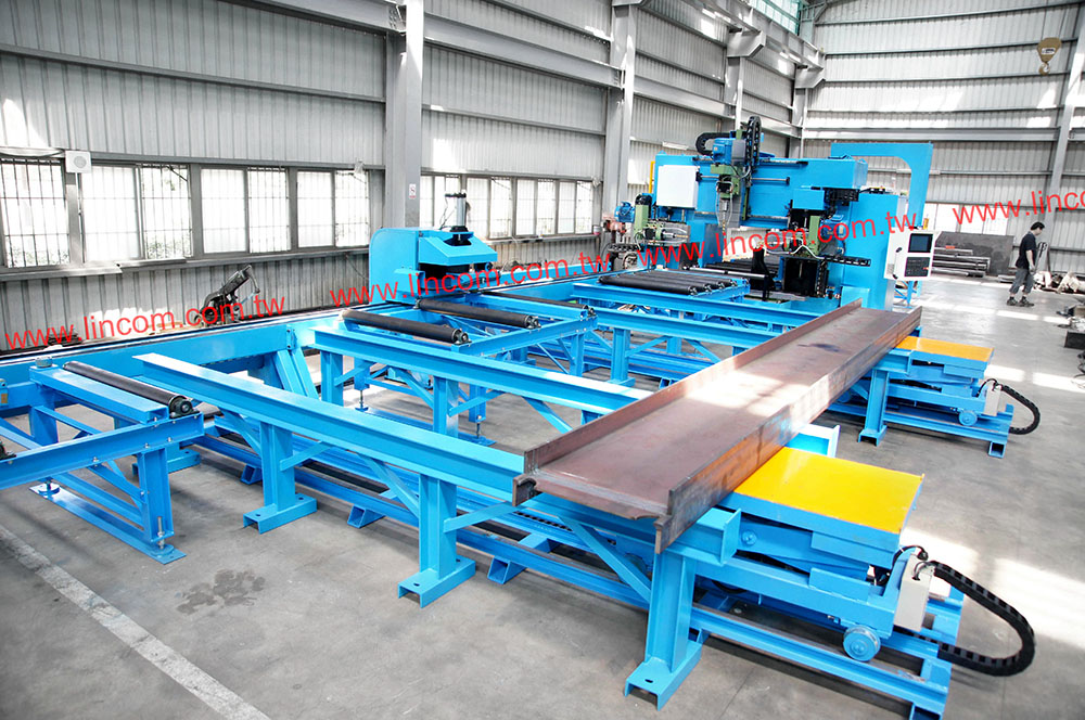 CNC h beam drilling machine, with robot system adaptation for production automation.