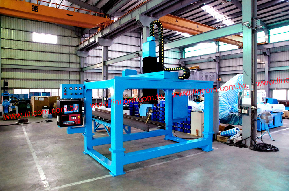 CNC h beam cutting and coping machine. Widely used for steel structure production. Uses gas/plasma cutting torch to cut.