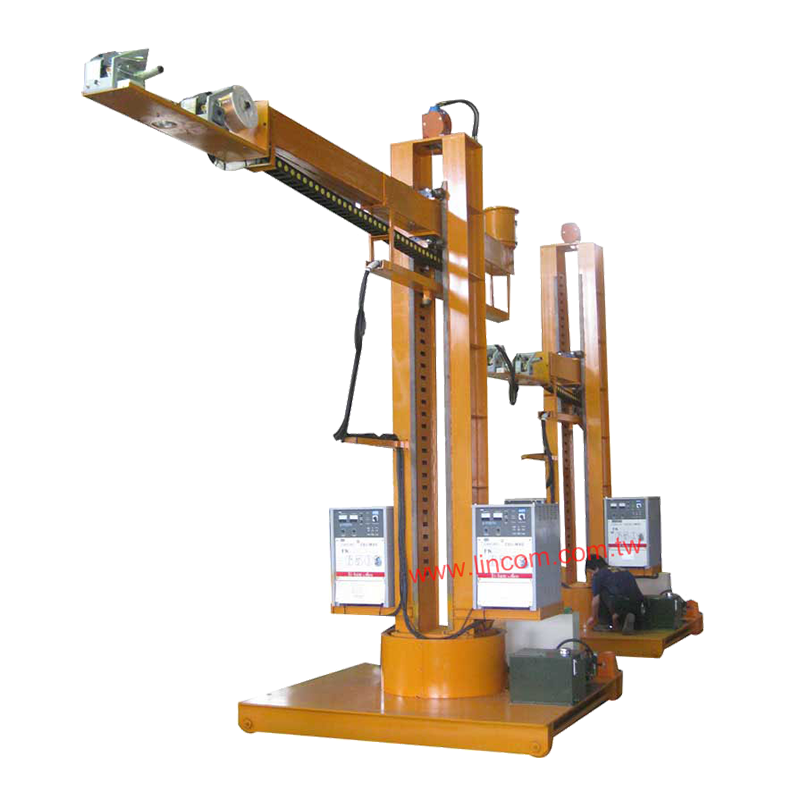 Manipulator for tig/plasma/co2/sub arc welding. Vertical traveling by motor trans. Horizontal arm movement by DC motor trans.
