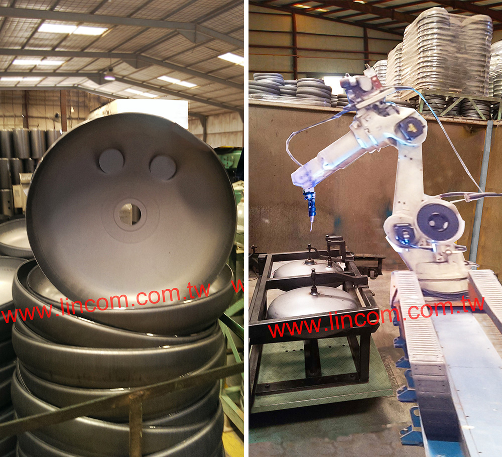 Robot welder (yaskawa robot). Rotary torch auto welder for drainage & heater fixed welding. Automation for boiler production.