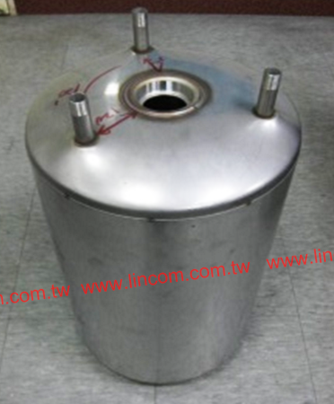Boiler inner tank. Made by: decoiler, blanking machine, trimmer, tank expander & welder, assembly machine, co2 welder.