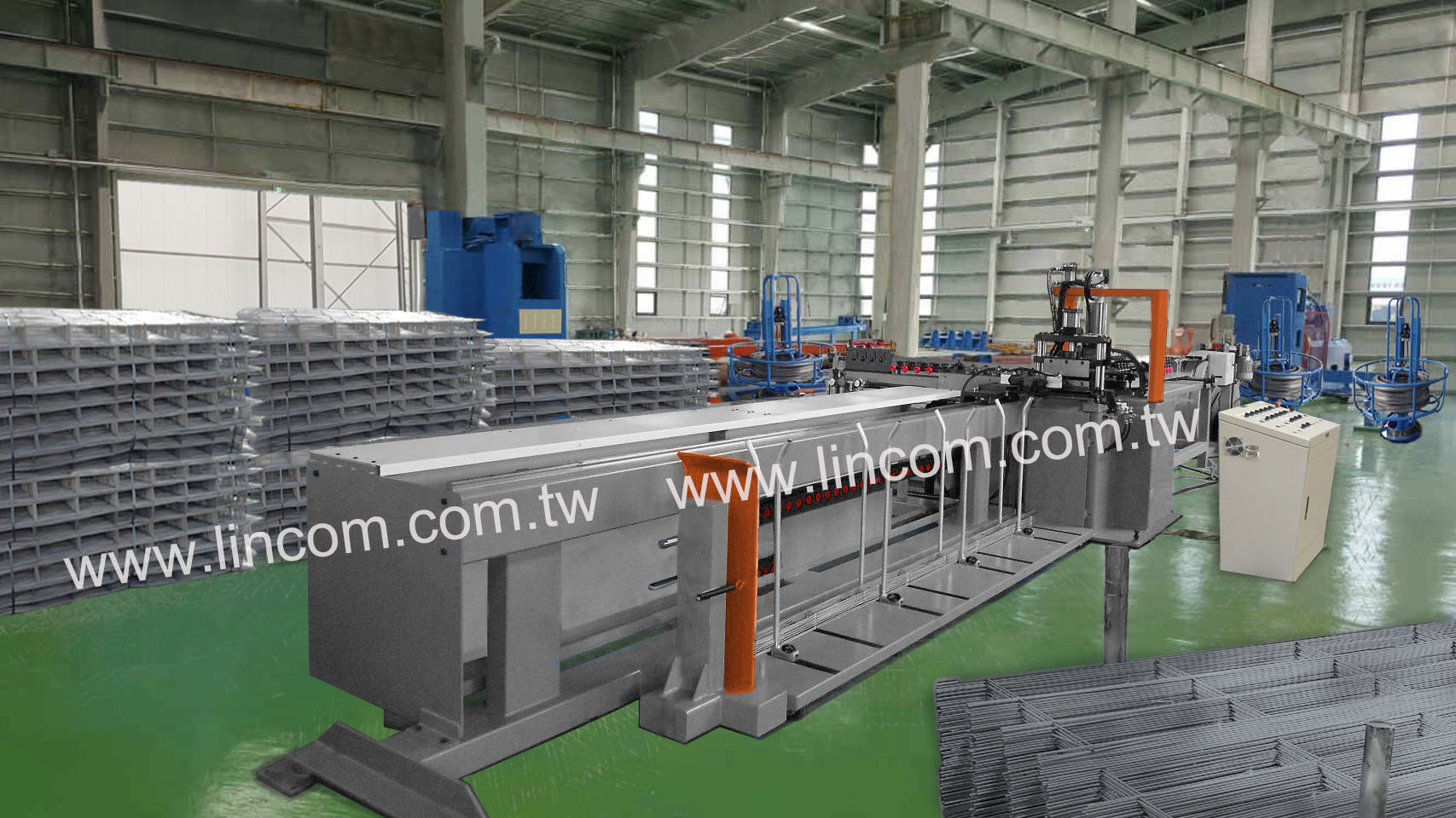 Block ladder mesh machine. Content: spool feeder, wire accumulator, wire straightener, advancing device, cross wire cutter.