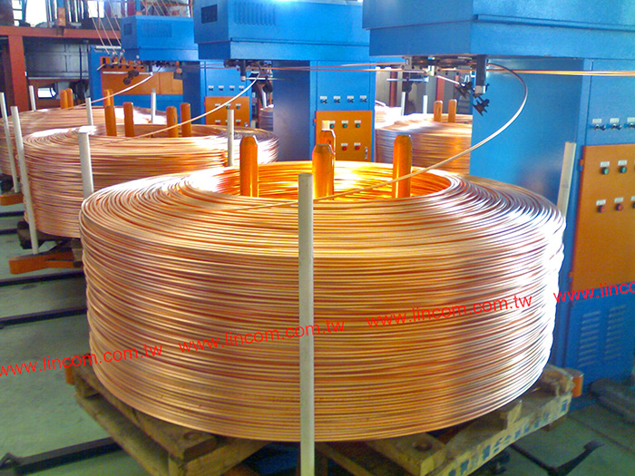 12 casting stands for oxygen free copper continuous casting. Machine made in Taiwan for bright copper rod production.