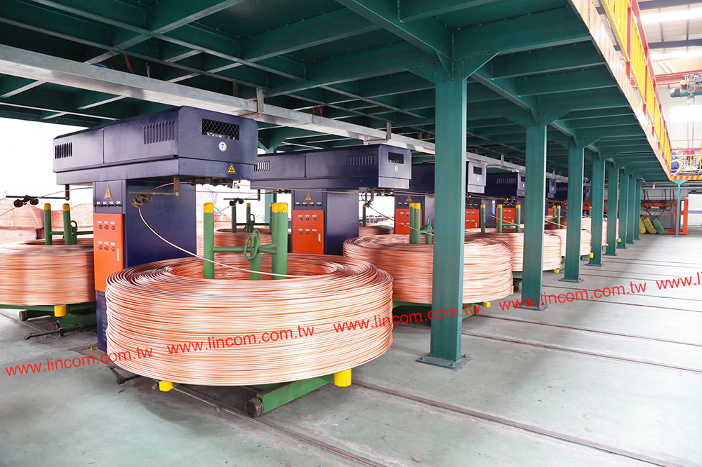 12 casting stands for oxygen free copper continuous casting. Machine made in Taiwan for bright copper rod production.