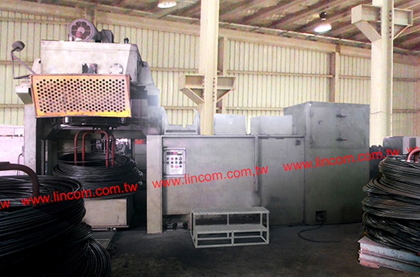 Deformed wire drawing machine. Vertical single drum design saves acid washing job. End product coils on wire stand to unload.