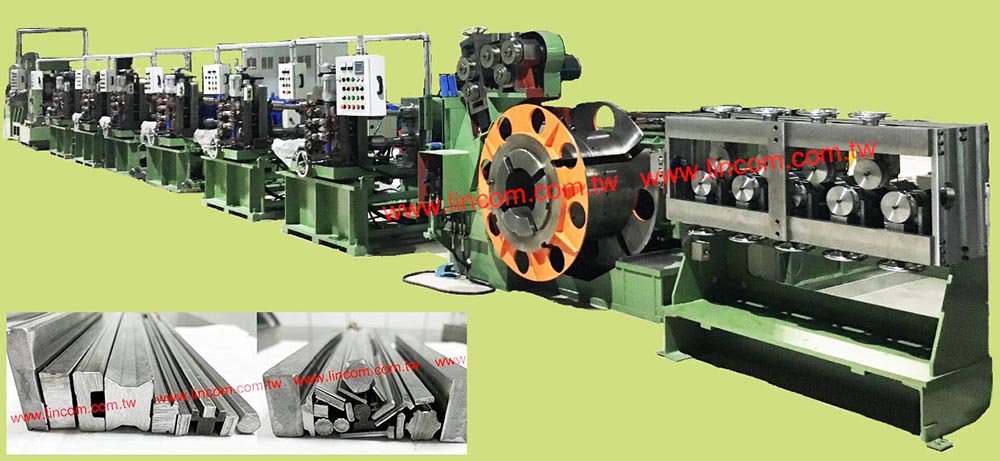 Continuous metal bar profiling machine.